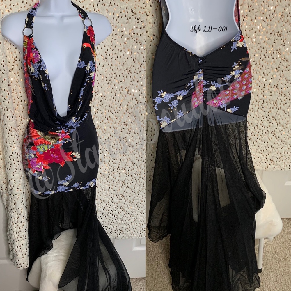 New Dance Wear 🖤Black🖤Oriental Print Drape Halter Mini Dress W/High Low Skirt